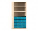 Flexeo Regal, 3 Reihen, 12 große Boxen, 3 Fächer oben Ahorn honig, Boxen blau (Zoom)