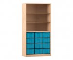 Flexeo Regal, 3 Reihen, 12 große Boxen, 3 Fächer oben Buche hell, Boxen blau (Zoom)