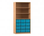 Flexeo Regal, 3 Reihen, 12 große Boxen, 3 Fächer oben Buche dunkel, Boxen blau (Zoom)