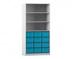 Flexeo Regal, 3 Reihen, 12 große Boxen, 3 Fächer oben grau, Boxen blau (Zoom)