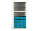 Flexeo Regal, 3 Reihen, 12 große Boxen, 3 Fächer oben weiß, Boxen blau (Zoom)