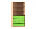 Flexeo Regal, 3 Reihen, 12 große Boxen, 3 Fächer oben Buche hell, Boxen grün (Zoom)