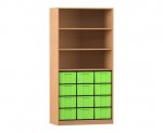 Flexeo Regal, 3 Reihen, 12 große Boxen, 3 Fächer oben Buche dunkel, Boxen grün (Zoom)