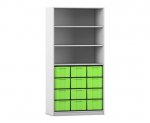 Flexeo Regal, 3 Reihen, 12 große Boxen, 3 Fächer oben grau, Boxen grün (Zoom)