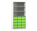 Flexeo Regal, 3 Reihen, 12 große Boxen, 3 Fächer oben weiß, Boxen grün (Zoom)