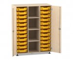 Flexeo Regalschrank PRO, 3 Reihen, 24 Boxen Gr. S, 4 Fächer mittig, 2 Türen Ahorn honig, Boxen gelb (Zoom)