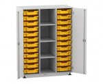 Flexeo Regalschrank PRO, 3 Reihen, 24 Boxen Gr. S, 4 Fächer mittig, 2 Türen grau, Boxen gelb (Zoom)
