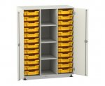 Flexeo Regalschrank PRO, 3 Reihen, 24 Boxen Gr. S, 4 Fächer mittig, 2 Türen weiß, Boxen gelb (Zoom)