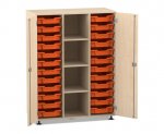 Flexeo Regalschrank PRO, 3 Reihen, 24 Boxen Gr. S, 4 Fächer mittig, 2 Türen Ahorn honig, Boxen orange (Zoom)