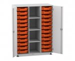 Flexeo Regalschrank PRO, 3 Reihen, 24 Boxen Gr. S, 4 Fächer mittig, 2 Türen grau, Boxen orange (Zoom)