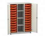 Flexeo Regalschrank PRO, 3 Reihen, 24 Boxen Gr. S, 4 Fächer mittig, 2 Türen weiß, Boxen orange (Zoom)
