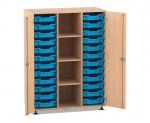 Flexeo Regalschrank PRO, 3 Reihen, 24 Boxen Gr. S, 4 Fächer mittig, 2 Türen Buche hell, Boxen hellblau (Zoom)
