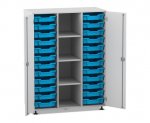 Flexeo Regalschrank PRO, 3 Reihen, 24 Boxen Gr. S, 4 Fächer mittig, 2 Türen grau, Boxen hellblau (Zoom)