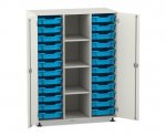 Flexeo Regalschrank PRO, 3 Reihen, 24 Boxen Gr. S, 4 Fächer mittig, 2 Türen weiß, Boxen hellblau (Zoom)