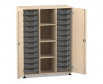 Flexeo Regalschrank PRO, 3 Reihen, 24 Boxen Gr. S, 4 Fächer mittig, 2 Türen Ahorn honig, Boxen transparent (Zoom)