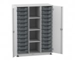 Flexeo Regalschrank PRO, 3 Reihen, 24 Boxen Gr. S, 4 Fächer mittig, 2 Türen grau, Boxen transparent (Zoom)