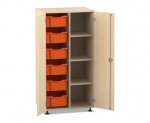 Flexeo Schrank PRO, 2 Reihen, 6 Boxen Gr. M, 4 Fächer rechts Ahorn honig, Boxen orange (Zoom)