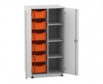 Flexeo Schrank PRO, 2 Reihen, 6 Boxen Gr. M, 4 Fächer rechts grau, Boxen orange (Zoom)