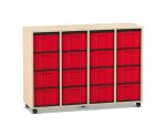 Flexeo Regal, 4 Reihen, 16 große Boxen Ahorn honig, Boxen rot (Zoom)