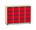 Flexeo Regal, 4 Reihen, 16 große Boxen Buche hell, Boxen rot (Zoom)