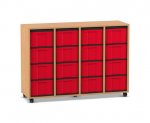 Flexeo Regal, 4 Reihen, 16 große Boxen Buche dunkel, Boxen rot (Zoom)