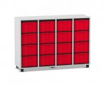 Flexeo Regal, 4 Reihen, 16 große Boxen grau, Boxen rot (Zoom)