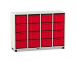 Flexeo Regal, 4 Reihen, 16 große Boxen weiß, Boxen rot (Zoom)
