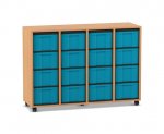 Flexeo Regal, 4 Reihen, 16 große Boxen Buche dunkel, Boxen blau (Zoom)