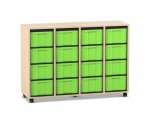 Flexeo Regal, 4 Reihen, 16 große Boxen Ahorn honig, Boxen grün (Zoom)
