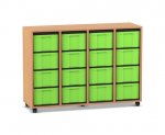 Flexeo Regal, 4 Reihen, 16 große Boxen Buche dunkel, Boxen grün (Zoom)
