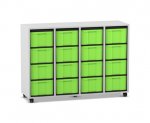 Flexeo Regal, 4 Reihen, 16 große Boxen grau, Boxen grün (Zoom)