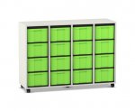 Flexeo Regal, 4 Reihen, 16 große Boxen weiß, Boxen grün (Zoom)