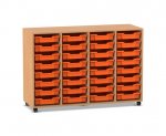 Flexeo Regal PRO, 4 Reihen, 32 Boxen Gr. S Buche dunkel, Boxen orange (Zoom)