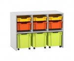 Flexeo Regal PRO, 3 Reihen, 3 S-Boxen, 3 M-Boxen, 3 fahrbare XL-Boxen  (Zoom)