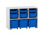 Flexeo Regal PRO, 3 Reihen, 3 S-Boxen, 3 M-Boxen, 3 fahrbare XL-Boxen  (Zoom)