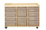 Wisdom Mobiles Regal mit 3 Reihen, 8 kleine und 2 große Boxen fahrbares Regal aus Holz mit insgesamt 10 Kunststoff-Boxen (Zoom)